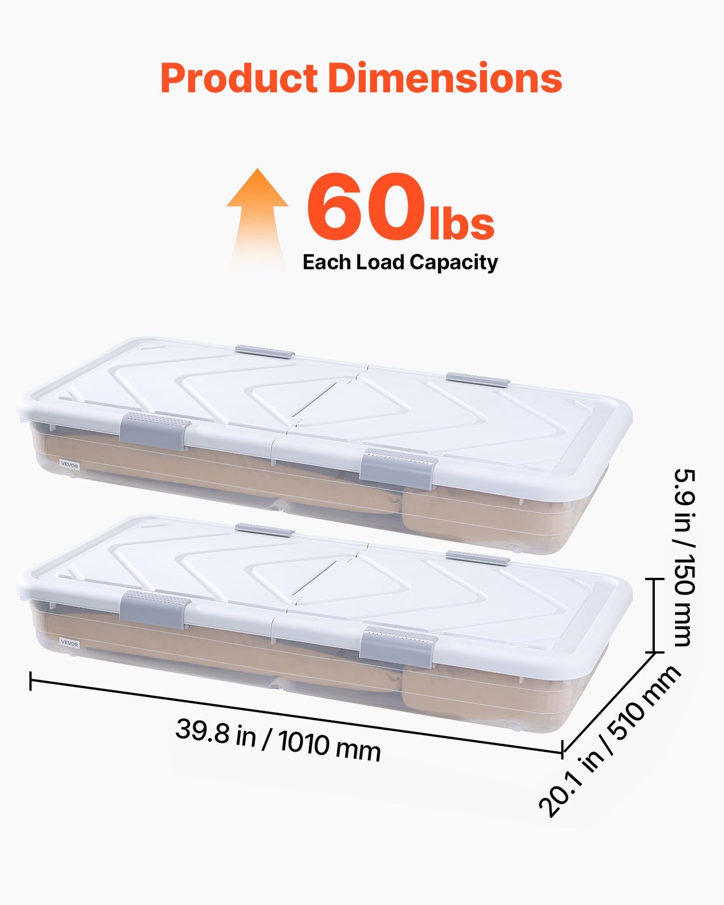 VEVOR Under Bed Storage with Wheels, 39.8 x 20.1 x 5.9 inch Underbed Containers, Underbed Shoes Organizer with Lid & Gray Latch, Rolling Under the Bed Storage Bins for Clothes Shoes Blankets, 2 Pack