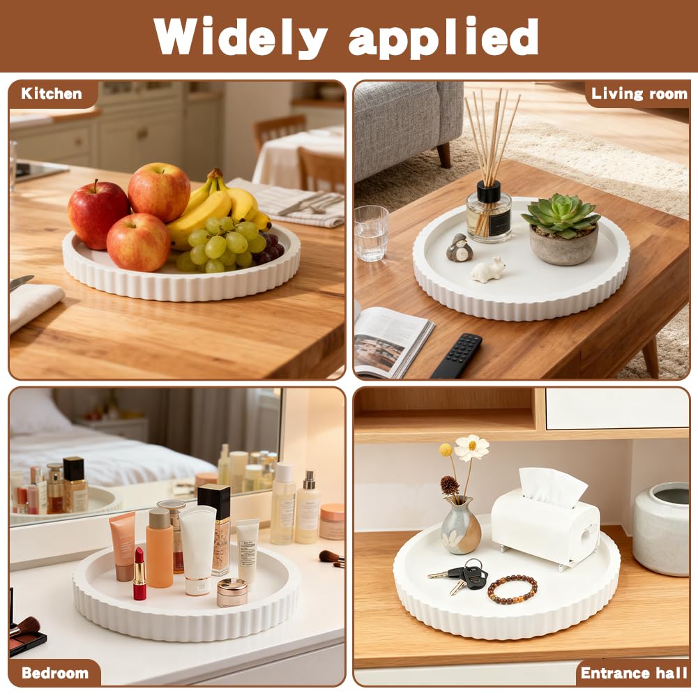 Round Fluted Wood Tray, 11 in Diameter, Accent Catchall for Vanity, White
