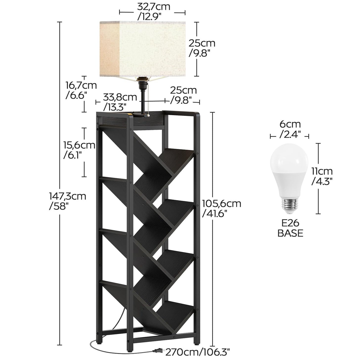 YATINEY Tree Bookshelf with Light, 6-Tier Book Shelf, Wooden Bookcase for Narrow Space, Floor Standing Tall Bookshelf, Modern Corner Display Shelf, Black SJ08DBB