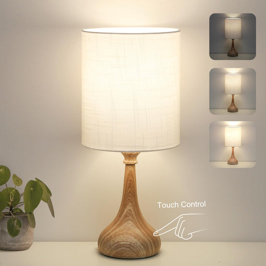 Boncoo Dimmable Small Table Lamp, Bedside Lamps Touch Control for Bedrooms Nightstand with Wood Grain Base, Desk Lamp Night Light for Office Living Room, 9W 3000K LED Bulb Included