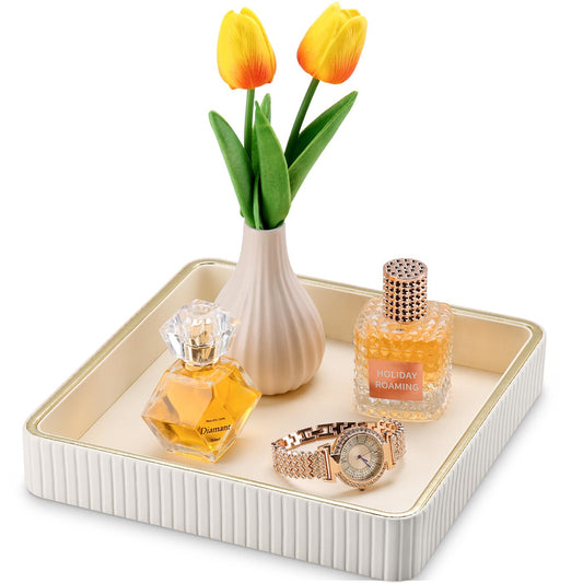GORESE Square Nightstand Tray Perfume Organizer, Leather Decorative Tray, Purse Bowl Catch All Trays for Trinket Keys, Valet Jewelry Trays for Vanity, Gift for Women & Men, Cream White(9.3'' × 9.3'')