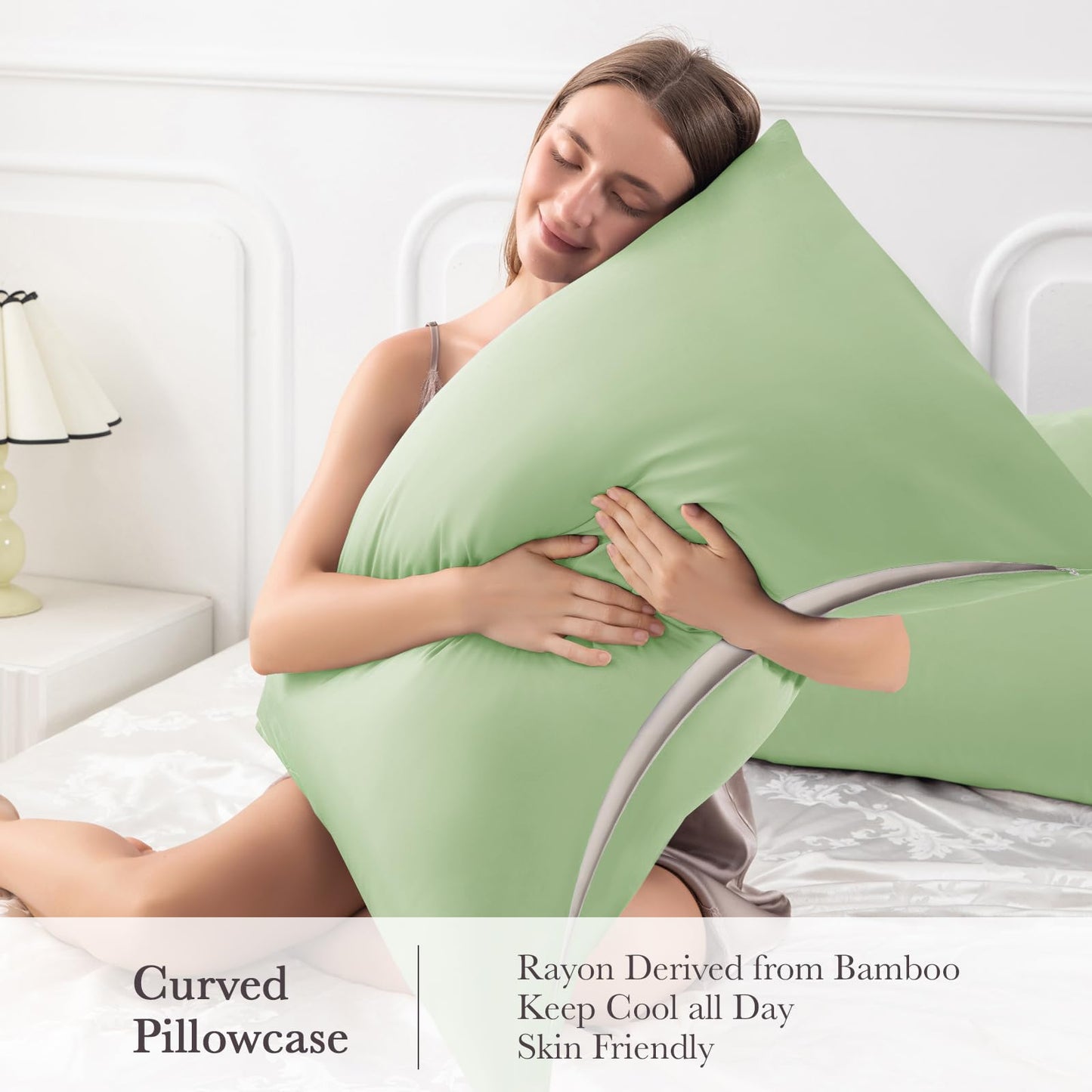 Curved Pillow Case King Size, Side Sleeper Pillow Cases Cover Cooling Rayon Derived from Bamboo with Zipper for hot Sleepers Hair and Skin, Breathable Silky Soft Pillowcase 1 Pack 20 * 36 Inches