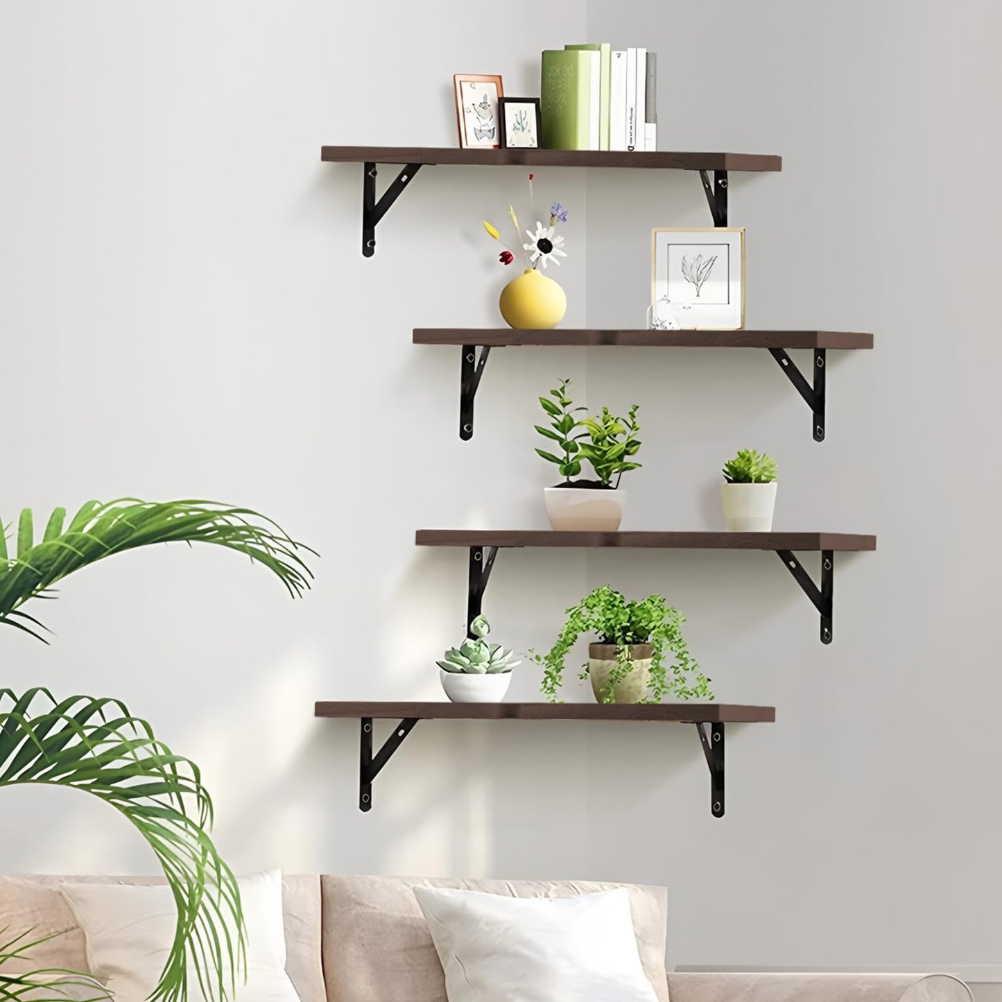PUREZON Corner Floating Shelves Set of 4,Corner Wall Shelves,Rustic Wood Wall Mounted Shelf for Home Decor, Living Room, Bedroom, Kitchen, Bathroom,Office(Brown,15.9 x 11.4 inch)