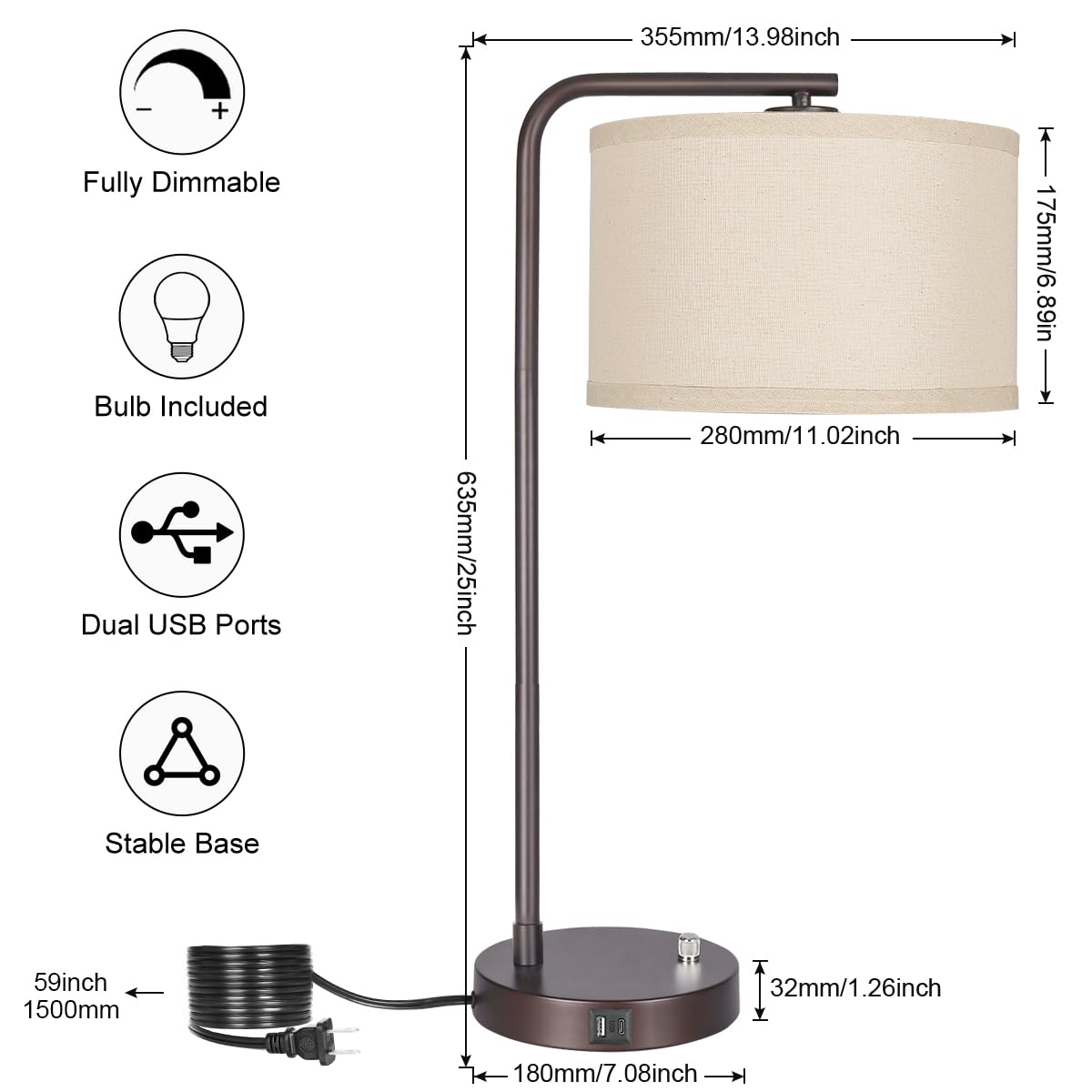 25" Tall Table Lamp with USB C+A Ports, Fully Stepless Dimmable Modern Minimalist Bedside Nightstand Lamp, Reading Desk Lamp for Bedroom, Living Room, Study Room, Office, 9W 3000K LED Bulb Included