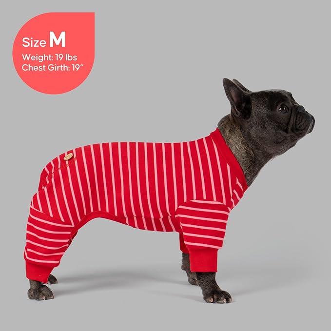 KYEESE Dog Pajamas, Soft Striped Pet Jumpsuit, Velvet Fleece Doggie Jammies, 4 Legs Dog Clothes, Stretchable Pajamas Cozy Outfit, Comfortable Onesie Sleepwear for Small Dogs,Red Striped, Large