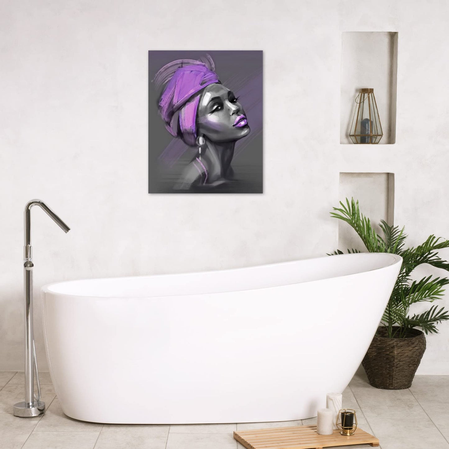 LB African American Women Canvas Wall Art, Beauty Black Woman Purple Hair Canvas Art, Abstract Minimalist Painting Wall Decor for Living Room Bedroom Bathroom Home Decor Ready to Hanging 12x16 Inch