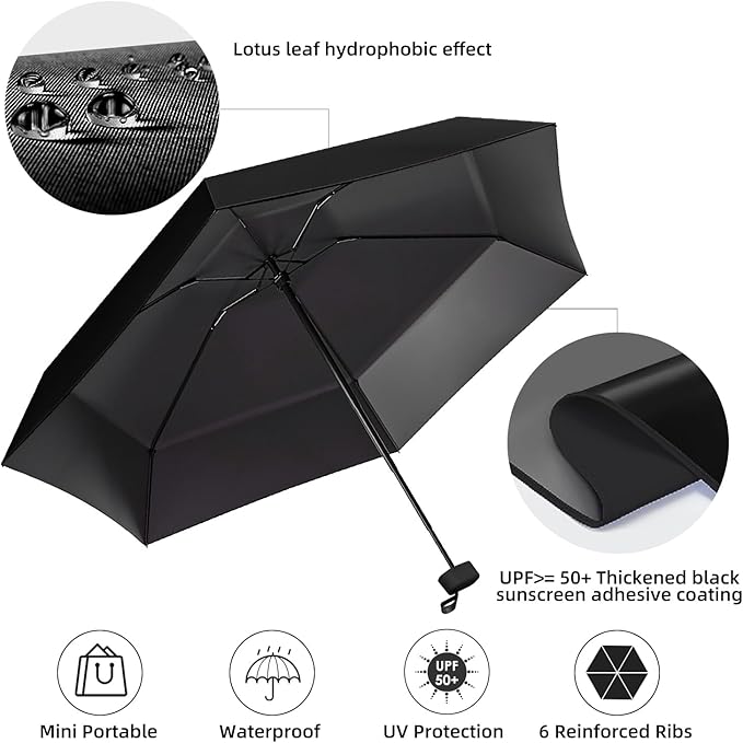 Travel Mini Compact Folding Umbrella with Case - UV Sun & Rain Protection, Lightweight Portable Pocket Umbrella for Women Men Kids, Fits Purse Backpack