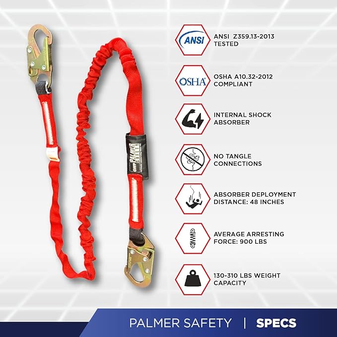 Palmer Safety ATERET L121133 4 Pack 6' Internal Shock Absorber Lanyard Single Leg w/ Snap Hook I OSHA/ANSI Compliant Restraint Lanyards I Ideal Use for Arborist, Roofer & Construction Workers
