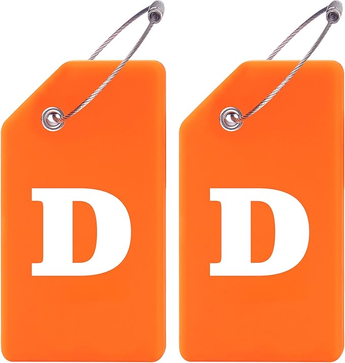 Gostwo 2 Pack Silicone Luggage Tags for Suitcases, 26 Initial Letter Baggage Labels Handbag School Bag Suitcase Instrument Tag with Stainless Steel Loop(Orange)(Letter D)