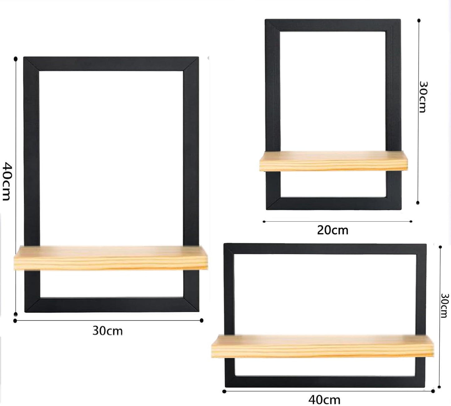 Silvotek Set of 3 Wooden Floating Shelves for Wall - Solid Wood Kitchen Shelf Decor Floating Wall Shelves for Living Room, Metal Frame Hanging Shelves
