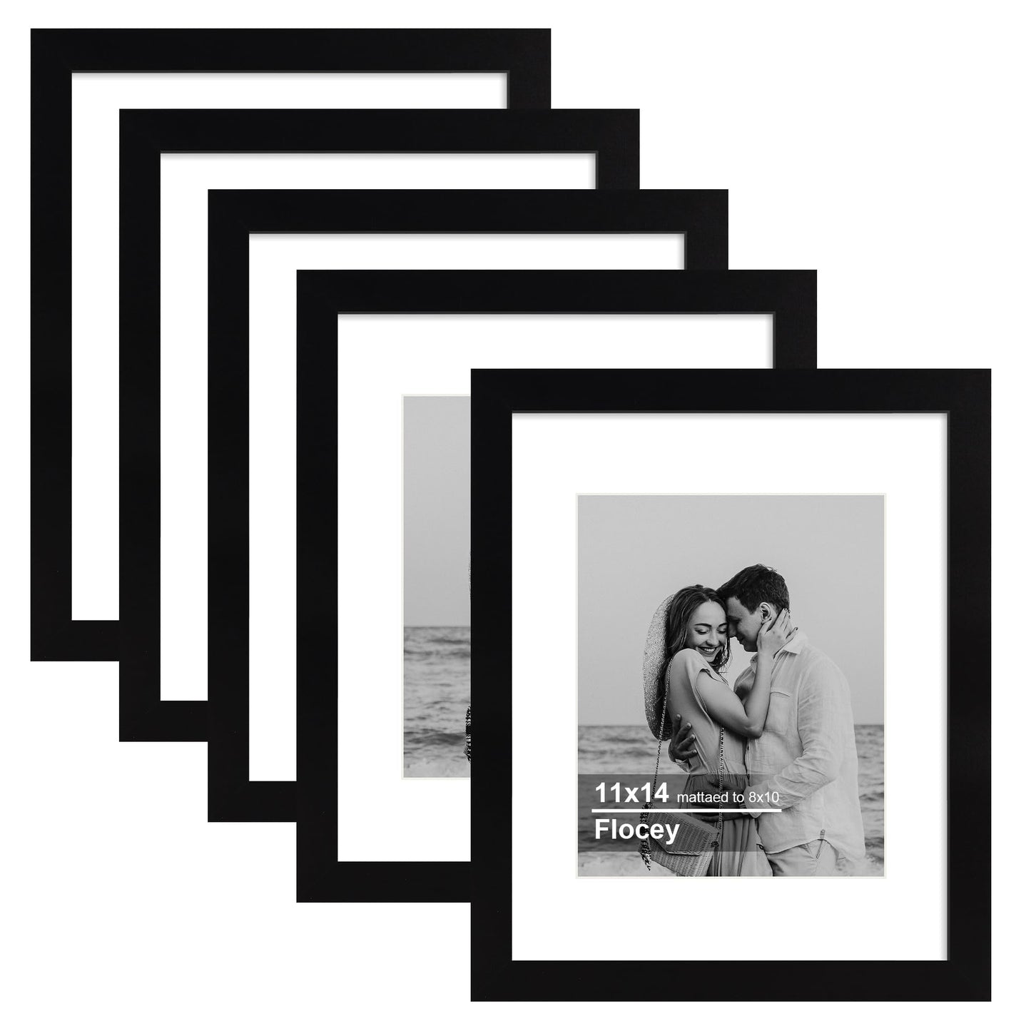 Flocey 11x14 Picture Frame 5 Pack, Black Photo Frame, Display Pictures 8x10 with Mat or 11x14 without Mat for Horizontal or Vertical Wall Mounting, Wall Gallery Frame for Artwork Certificate