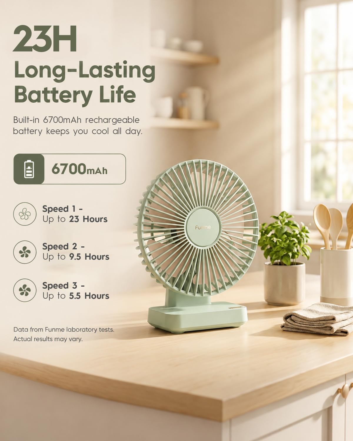 Funme Desk Fan, 6700mAh Rechargeable Table Fan with 23H Max Runtime, 3 Speeds, 90° Adjustable Tilt, Quiet Personal Desk Fan, Portable Desktop Fan forHome Office Bedroom Kitchen, Green