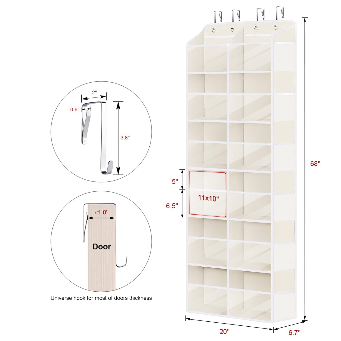 Univivi Over the Door Organizer, 6 Tiers Behind Door Storage with Clear Deep Pockets Hanging Organizer for Closet, Bedroom, Nursery, Bathroom and Sundries (Beige)