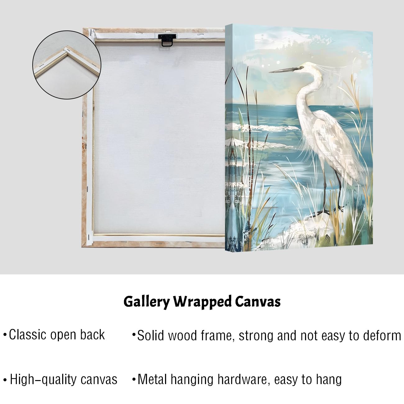 AWPANERAR White Heron Canvas Wall Art Coastal Bird Pictures Prints Blue Ocean Poster Beach Egret with Reed Painting Artwork for Bathroom Decor Framed (18L x 12W)