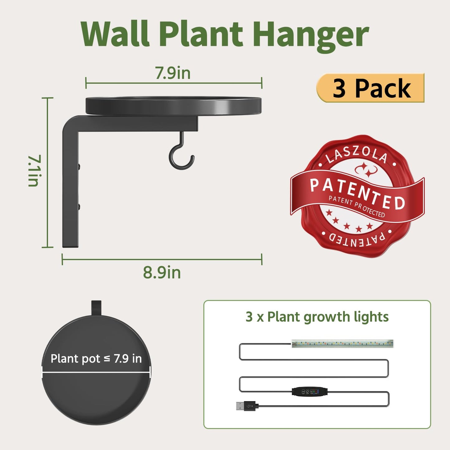 LASZOLA Plant Hangers Shelves Wall Mounted Indoor with Grow Lights, Metal Window Plant Holders, 3Pcs Modern Floating Flower Display Stand with 3 Hooks for Outdoor Kitchen Bathroom Decor, Black