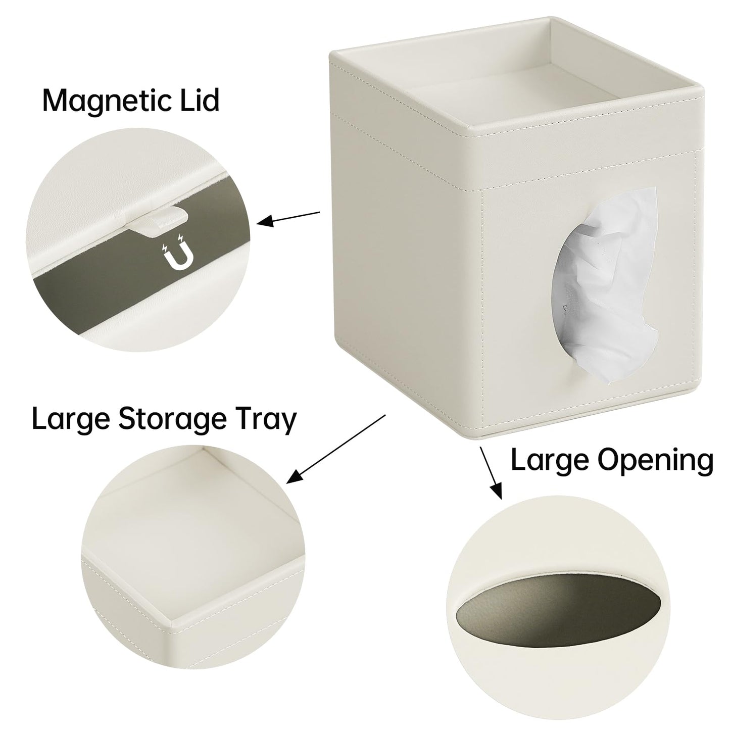 Cretkhp Tissue Box Cover, PU Leather Square Tissue Box Holder with Storage Tray for Bathroom Vanity Countertop Night Stands Bedroom Office Desk, Stylish Tissue Holder Decorative Organizer (Cream)