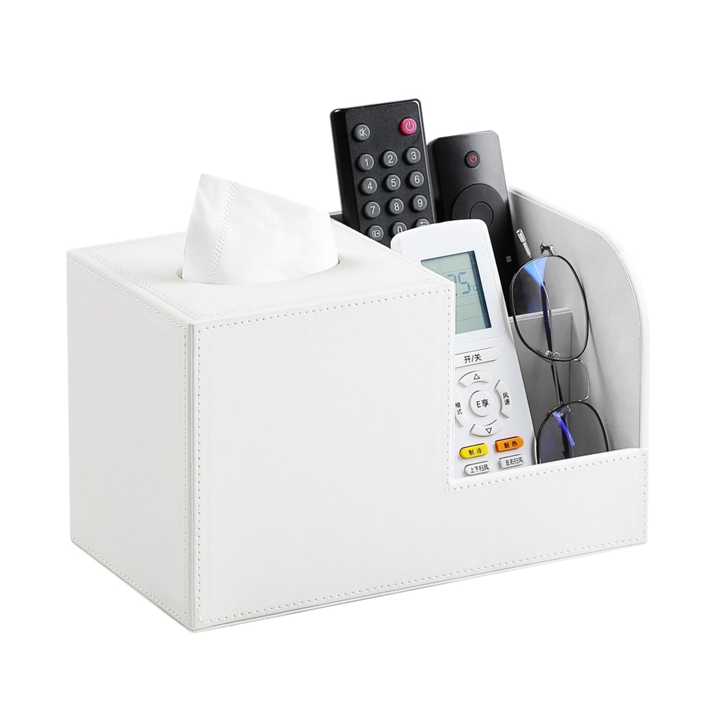 JLAMBOM PU Leather Tissue Box Cover with Remote Control Holder, Square Tissue Box Holder for Living Room Bathroom Office (Cream-White)