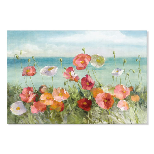 Goldfoilart Beach Colorful Flower Canvas Paintings Spring Poppies Wall Art Pictures Bloosom Floral Framed Artwork Print Landscape for Living Room Bedroom Kitchen Office Home Decor 36" x 24"