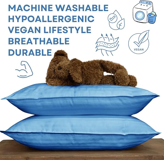 kinder Fluff Children Pillows for Bed (2X) 14x20in- The Only Kids Pillow 300T Cotton Shell & Down Alternative Fill - Travel Pillow for Children Bedding Set Sleeping Pillow Floor Bed Pillows- Blue- M