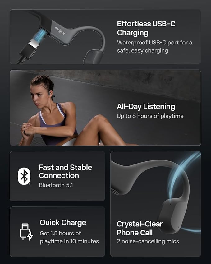 SHOKZ OpenRun with USB-C Charging - Open-Ear Bluetooth Bone Conduction Sport Headphones - Sweat Resistant Wireless Earphones for Workouts and Running - Built-in Mic, with Hair Band - Standard - Black