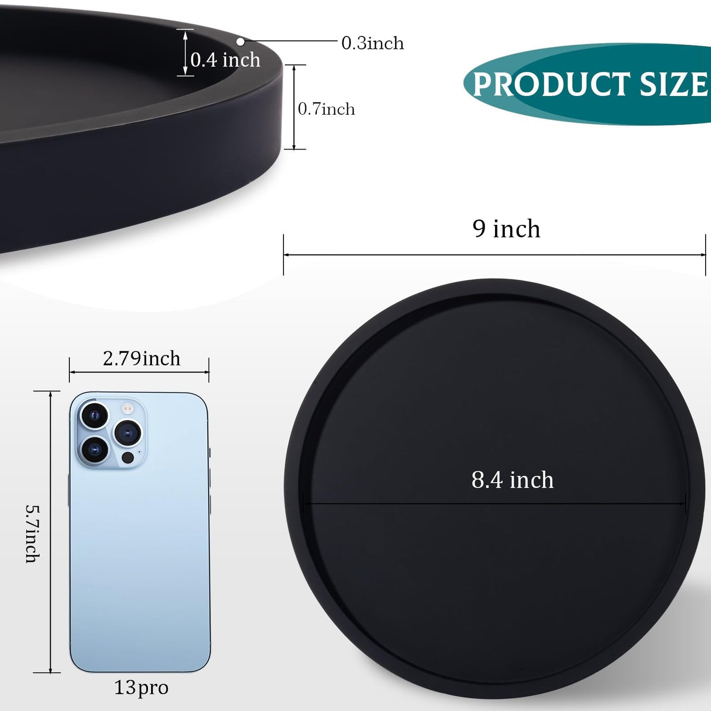 Silicone Bathroom Tray Coffee Table Decor Perfume Organizer, 9" Black