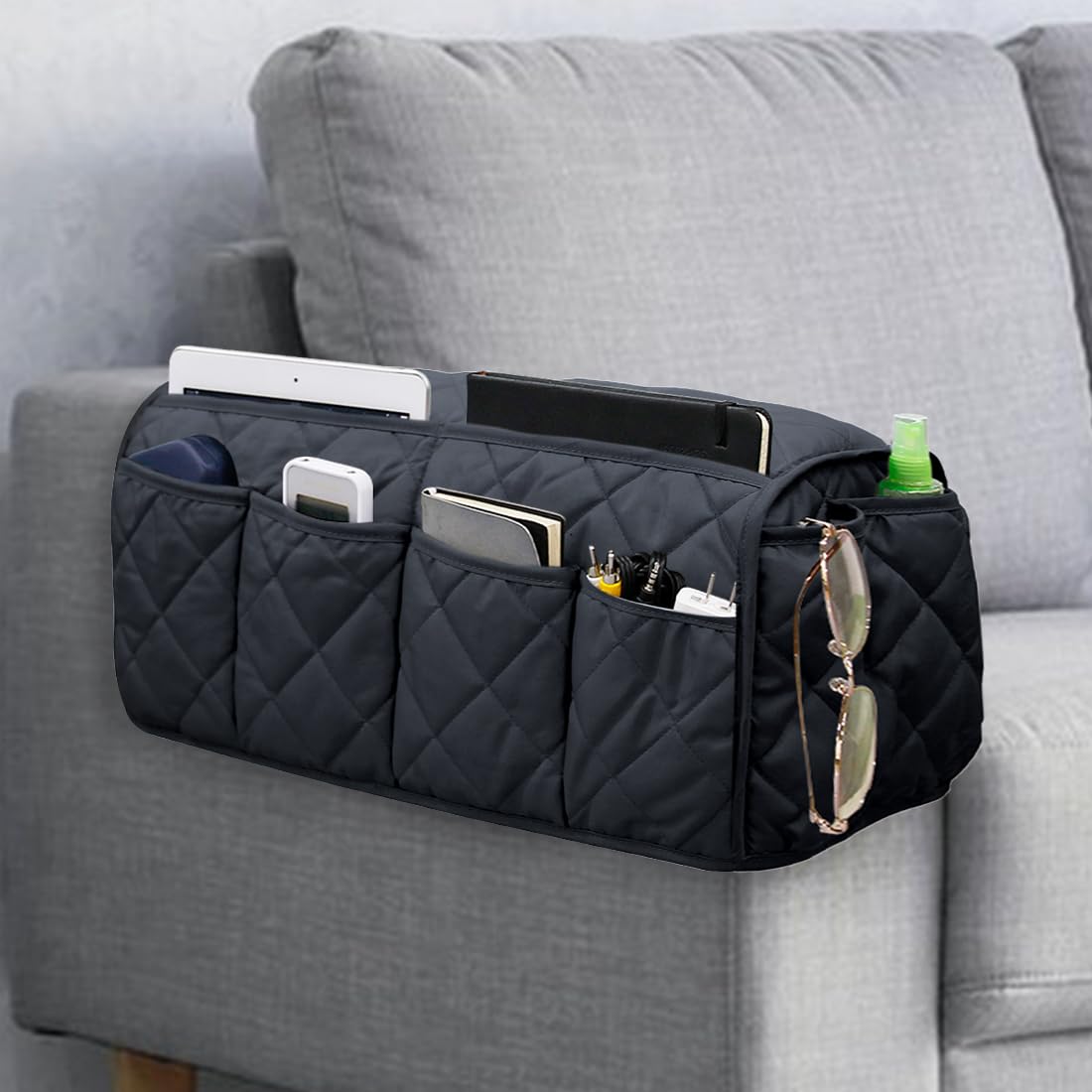DECKALY Sofa Armrest Organizer Non-Slip Arm Chair Bedside Caddy Storage Organizer for Recliner Couch with 14 Pockets for Cell Phone TV Remote Control Magazines (Black)