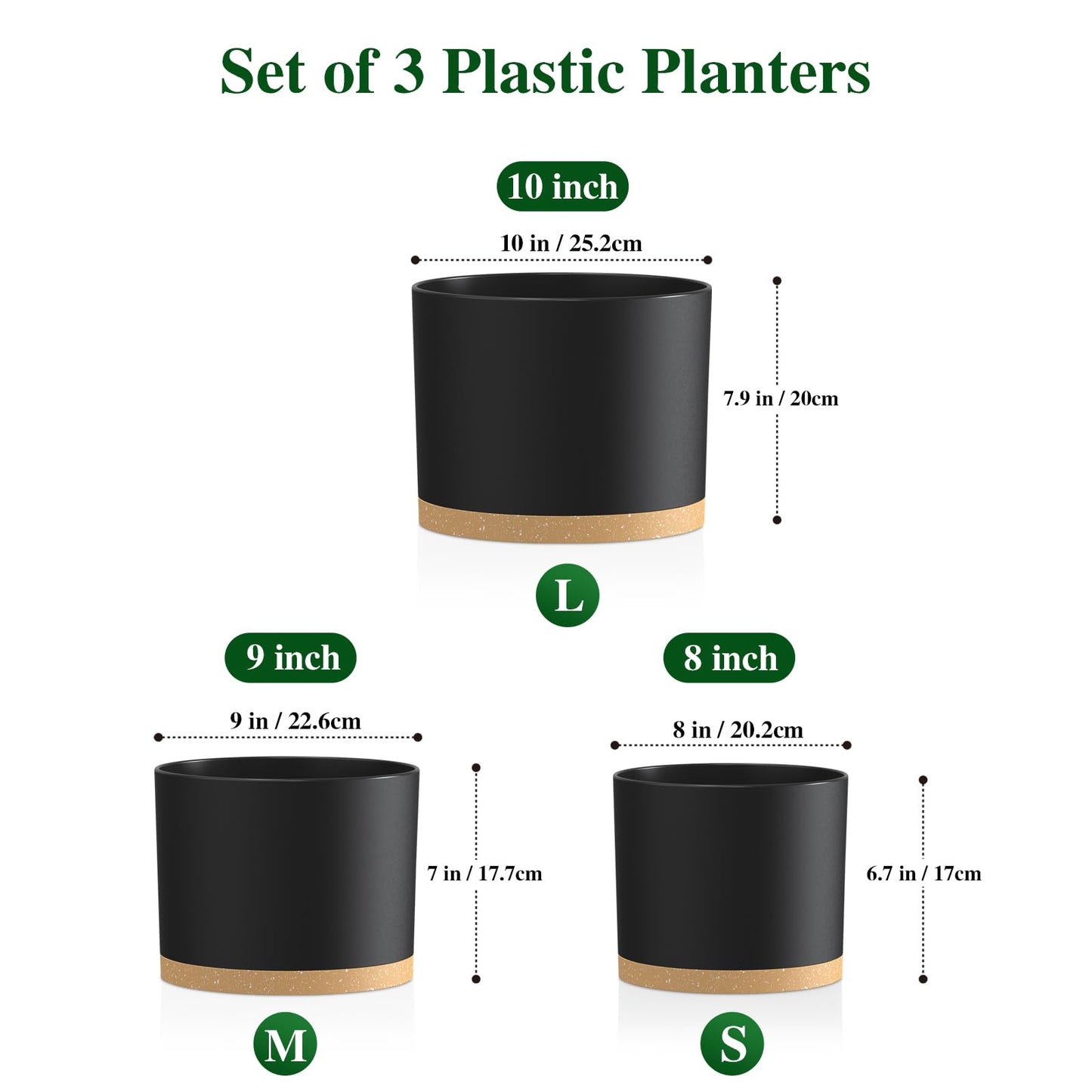 KUGAZ Plant Pots, 10/9/8 Inch 3 Pack Cylindrical Flower Pots with Drainage Holes and Saucers, Plastic Planters for Outdoor Indoor Plants,Black Brown