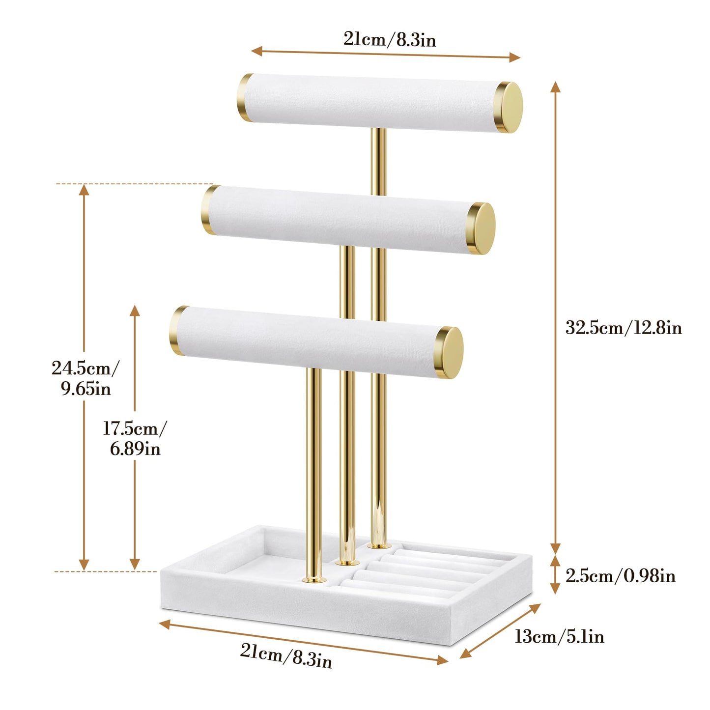 Josmimic Bracelet Holder Jewelry Organizer Display - 3 Tier T Bar Velvet Stand, White Jewelry Storage for Bracelet, Necklaces, Earrings, Watches