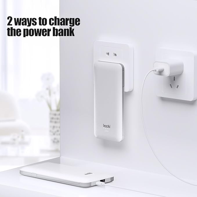 Portable Power Bank, Ultra Slim 10000mAh Portable Charger, USB C External Battery Pack with Built-in AC Plug, Charging Cable, Output Port, Compatible with All Kinds of Cellphones …
