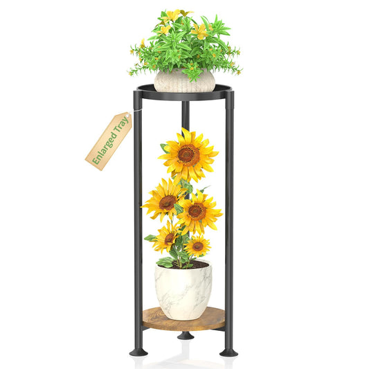 KMOTASUO 2 Tier Black Plant Stand Indoor for Large Tall Heavy Duty Planter, Multiple Sturdy Metal Flower Corner Rack for Narrow House Floor, Iron Vertical Level Round Orchi Holder Organizer, Modern