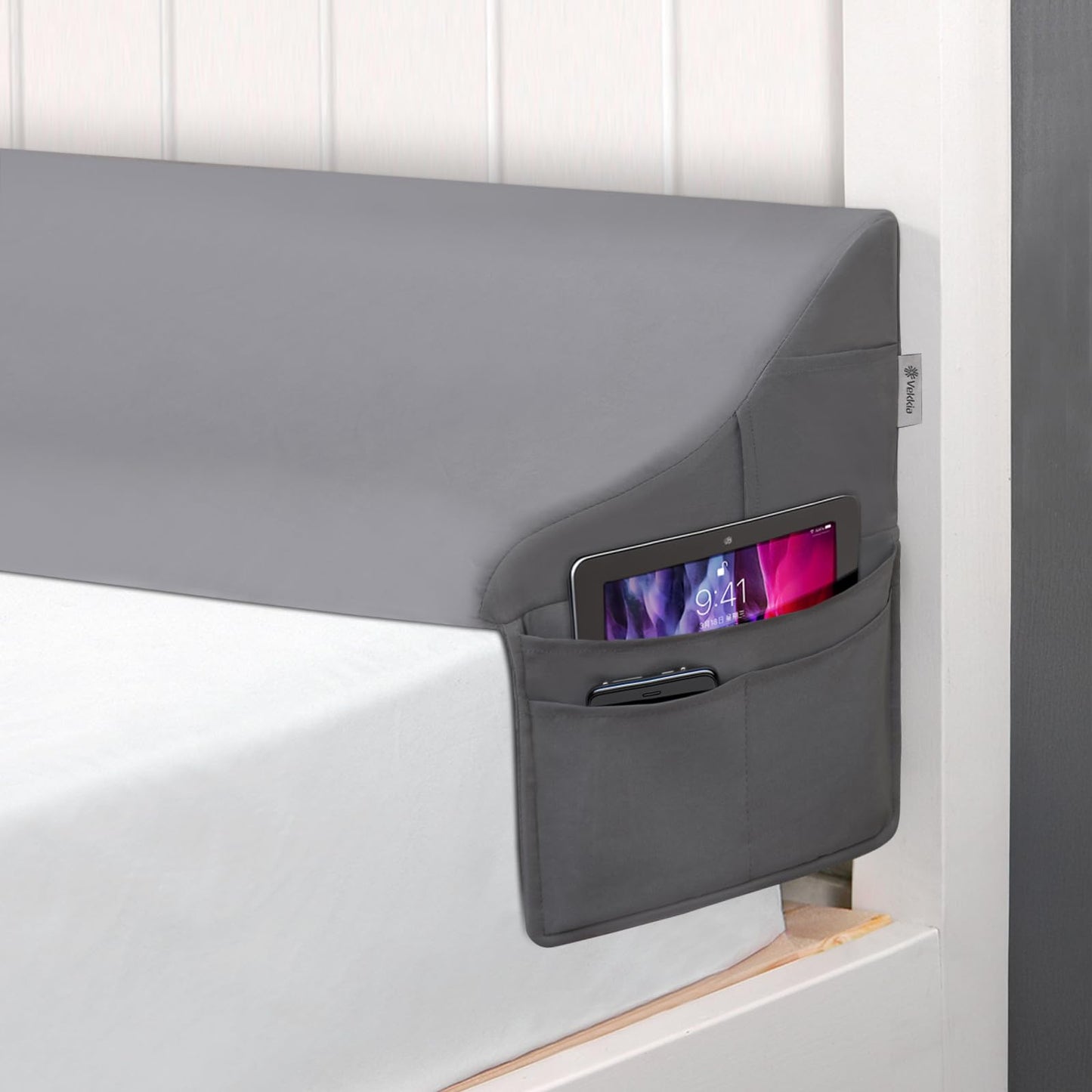 Vekkia Queen Bed Wedge Pillow for Headboard Gap – 0–6" Mattress Gap Filler with Supportive Comfort Foam & Large Side Pockets – Prevents Lost Pillows & Items, Washable Cover (Gray 60"x10"x7")