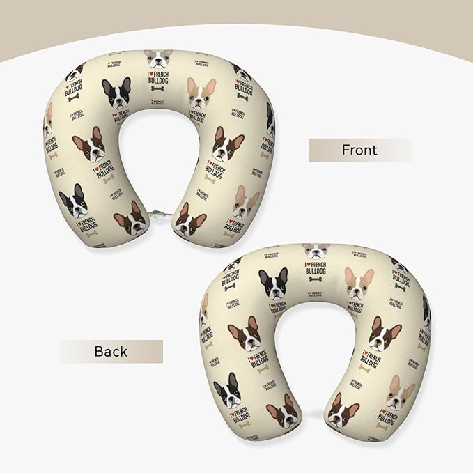 Comfortable Memory Foam Travel Neck Pillow, Funny Chin/Head Cushion Supporting Airplane Car Pillows I Love French Bulldog for Sleeping Outdoors Travel Office