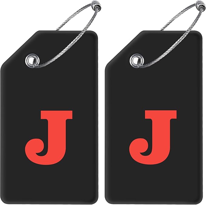 Gostwo 2 Pack Silicone Luggage Tags for Suitcases, 26 Initial Letter Baggage Labels Handbag School Bag Suitcase Instrument Tag with Stainless Steel Loop(Black)(Letter J)