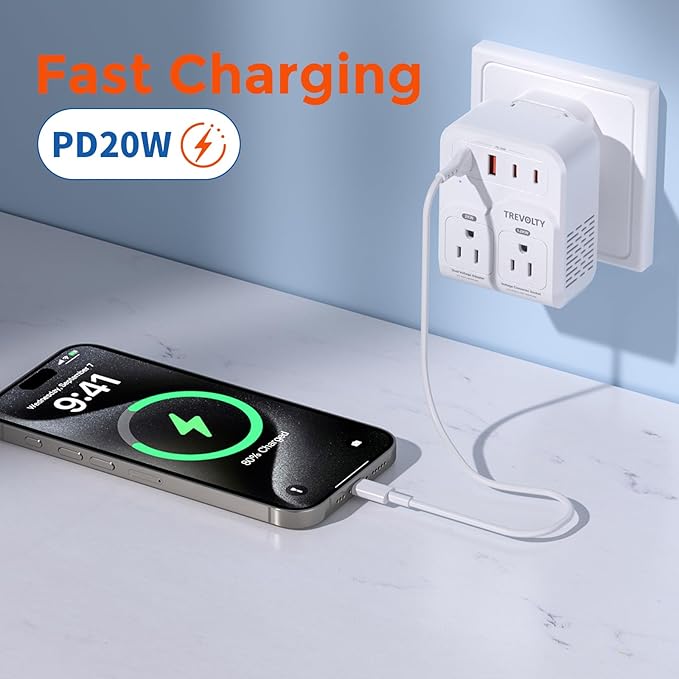 2000W Voltage Converter US to Europe for Hair Dryers, 7-in-1 220V to 110V Converter for European Travel with 3 AC/2 USBA/2 USBC Ports (PD20W), Universal Travel Adapter with Type C G Plug