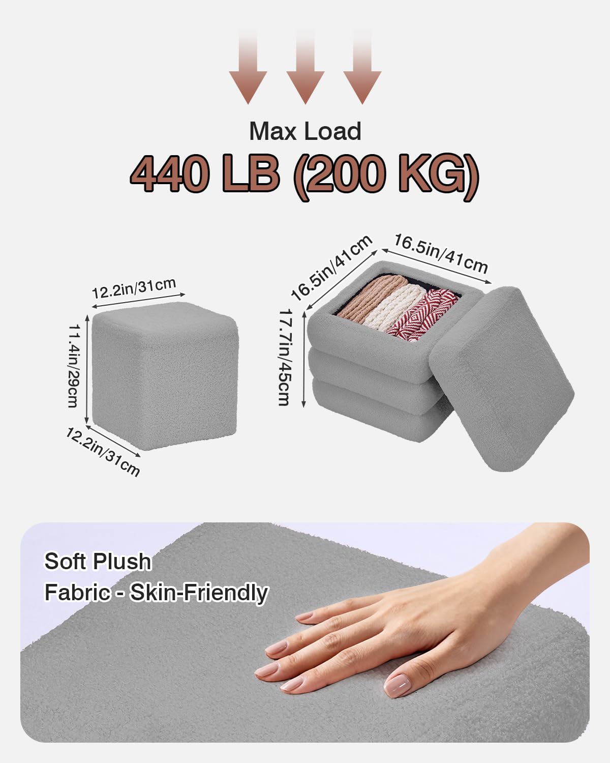 ABHENG Square Set of 2 Sherpa Storage Ottoman Stool with Removeable lid,Load up to 440 lbs Footstool, Boucle Vanity Stool for Livingroom Bedroom Gray UASND69G