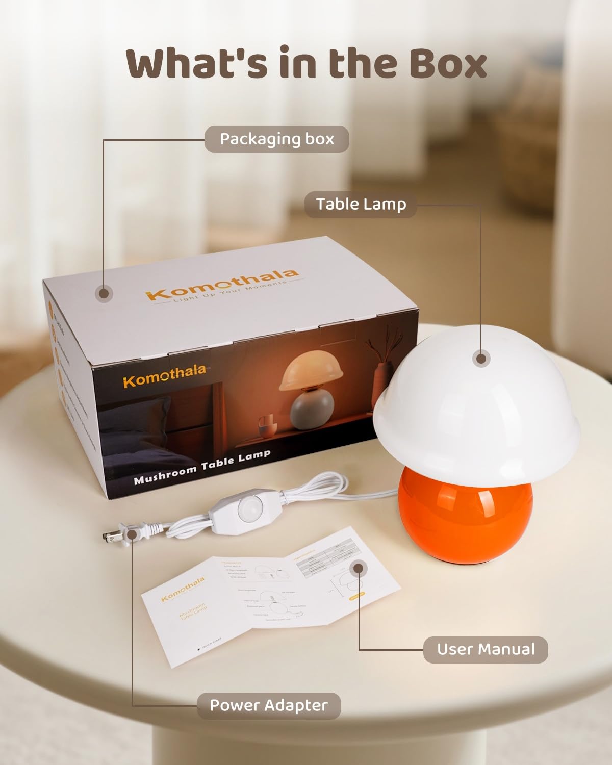 Komothala Mushroom Table Lamp for Bedroom, Cozy Bedside Lamp with Glass Shade, Stepless Dimmable Nightstand Lamp for Relaxing Bedroom Decor & Aesthetic Home (Orange)
