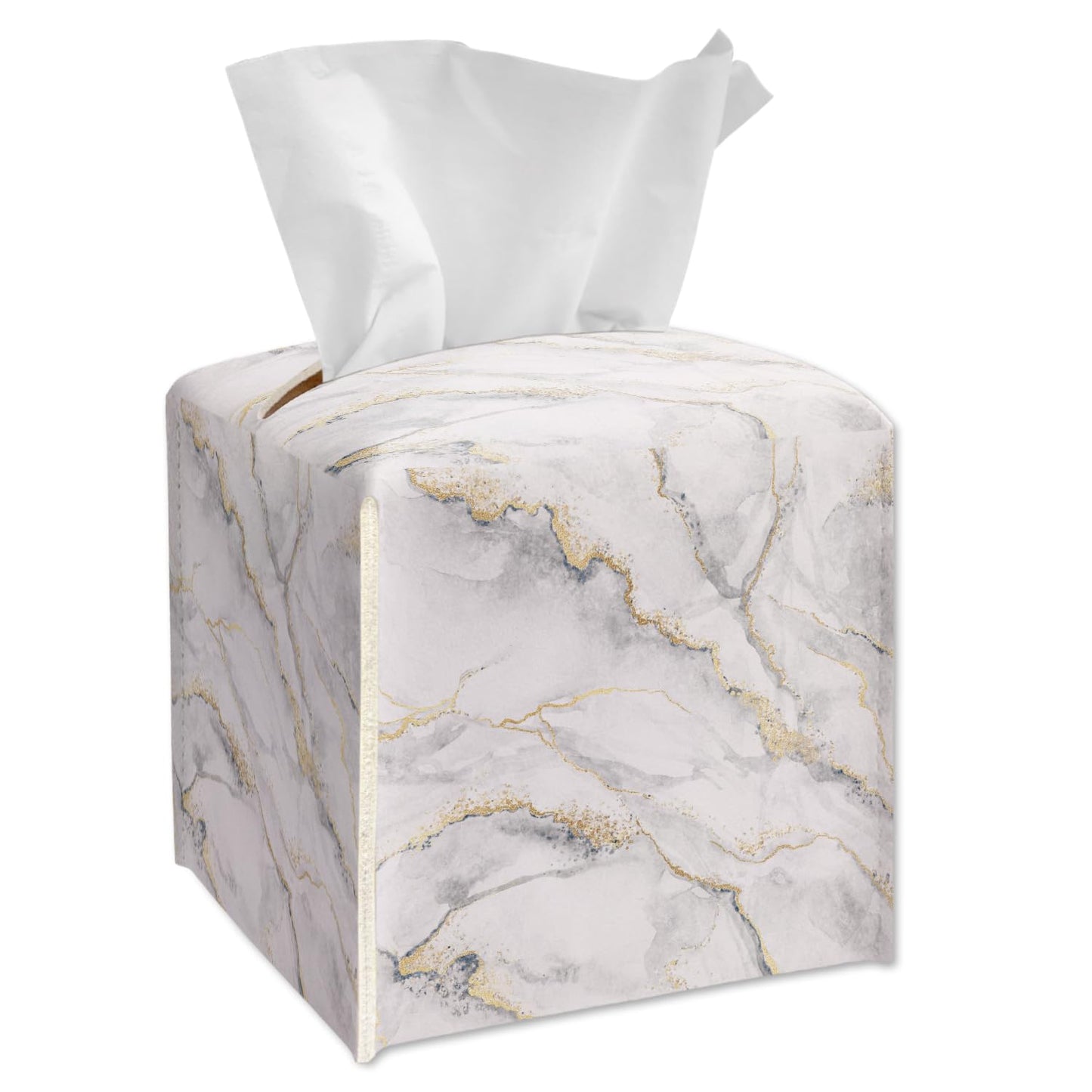 Tissue Box Cover Square, White Gold Marble Tissue Box Holder with Bottom Belt, Leather Facial Paper Holder for Bathroom Vanity Countertop, Nightstands, Dining Table, Office, Car -11