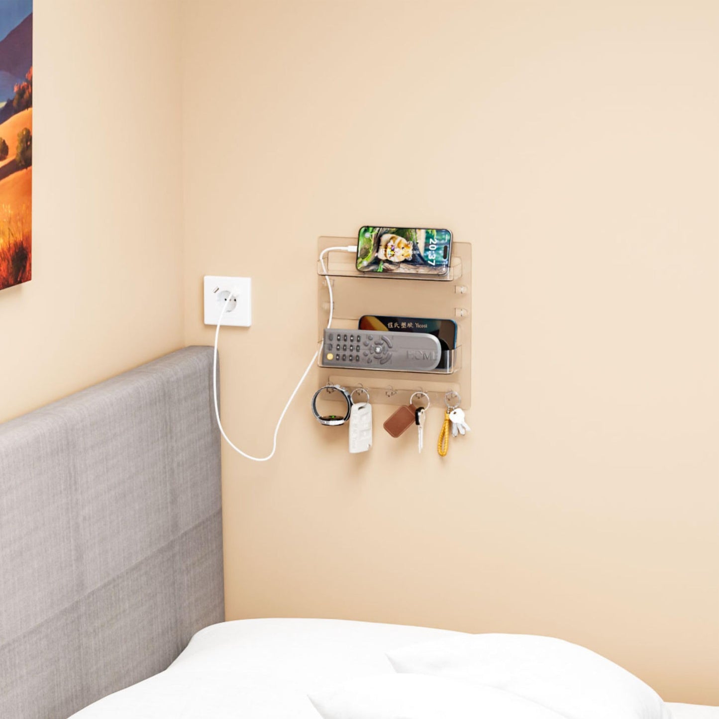 Yieach Bedside Shelf for Dorm Bed,Rv,Small Room and Nightstand,Wall Mounted Floating Shelves and Bedside Wall Organizer for Remote,Phone Holder,Charging Shelf,Cute Bedroom Decor for College Girl,Clear