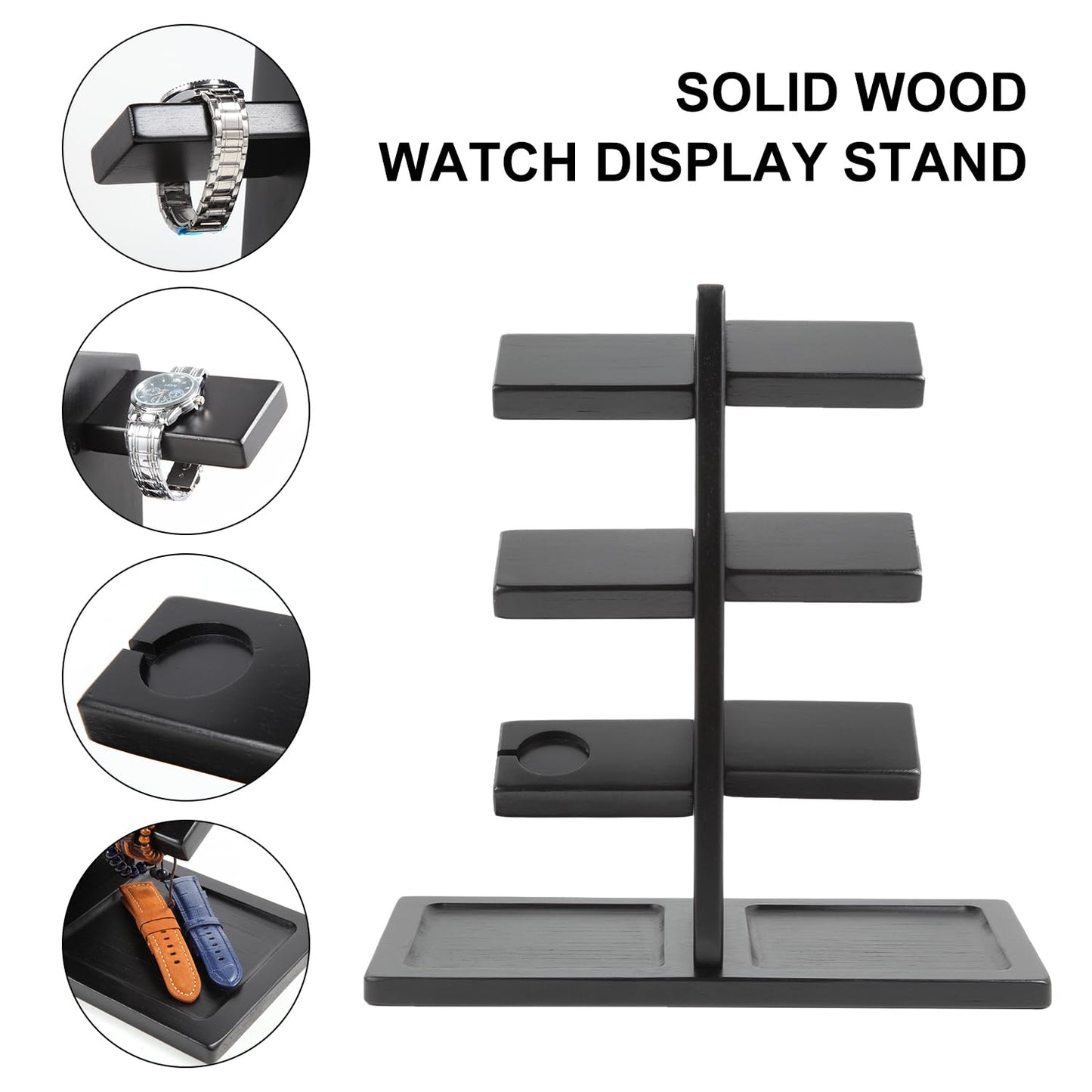 Xnwouco Watch Stand for Men, Watch Display Stand with Charger Groove, Wooden Watch Holder Stand, Jewelry Holder Organizer for Rings, Jewelry, Coins Bracelets, Great Gifts for Men Women, Black