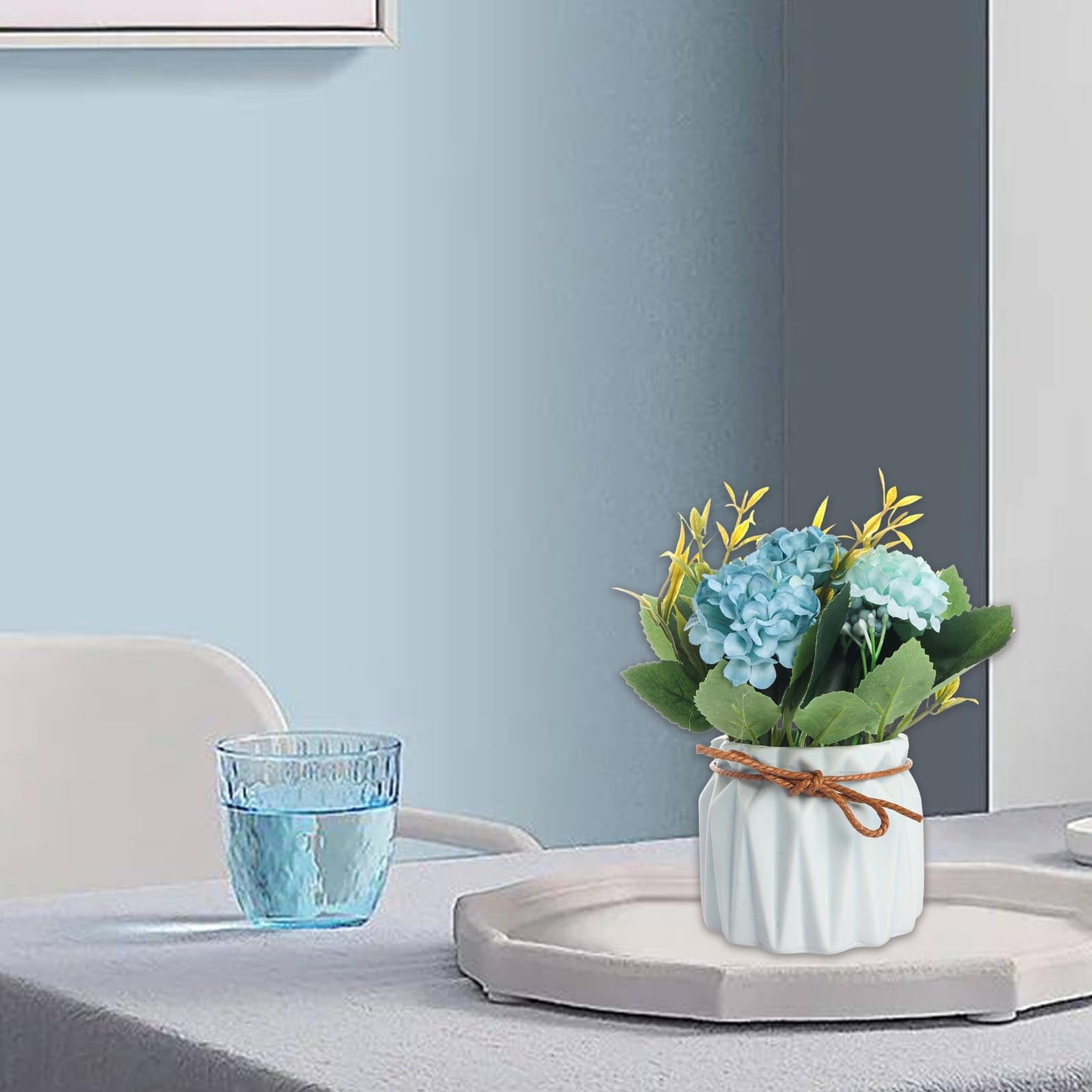 Fumwase Artificial Hydrangea Bouquet with Small Ceramic Vase Artificial Flower Plants Mini Fake Hydrangea Flowers Decoration Indoor for Home Office Table Bedroom Living Room Party (Blue)