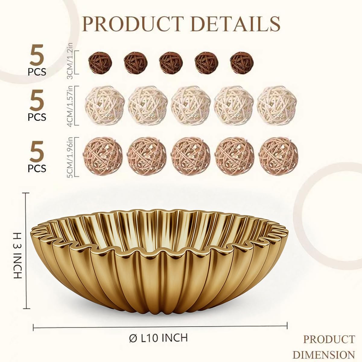 ZJSYTQS Large Modern Ruffle Bowls, Artificial Stone Decorative Catch All Bowl for Kitchen Counter and Entryway Table, Handcrafted Fruit Bowls and Key Bowl for Home Decor(Golden)