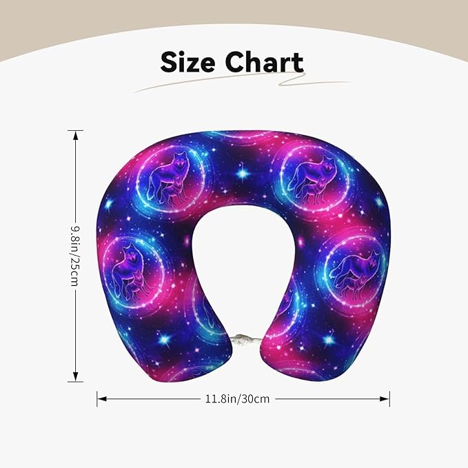 Travel Neck Pillows for Sleeping Rest Car Airplanes Purple Blue Galaxy Cool Wolf Art, Memory Foam with Removable Breathable Zipper Cover Washable for Men Women