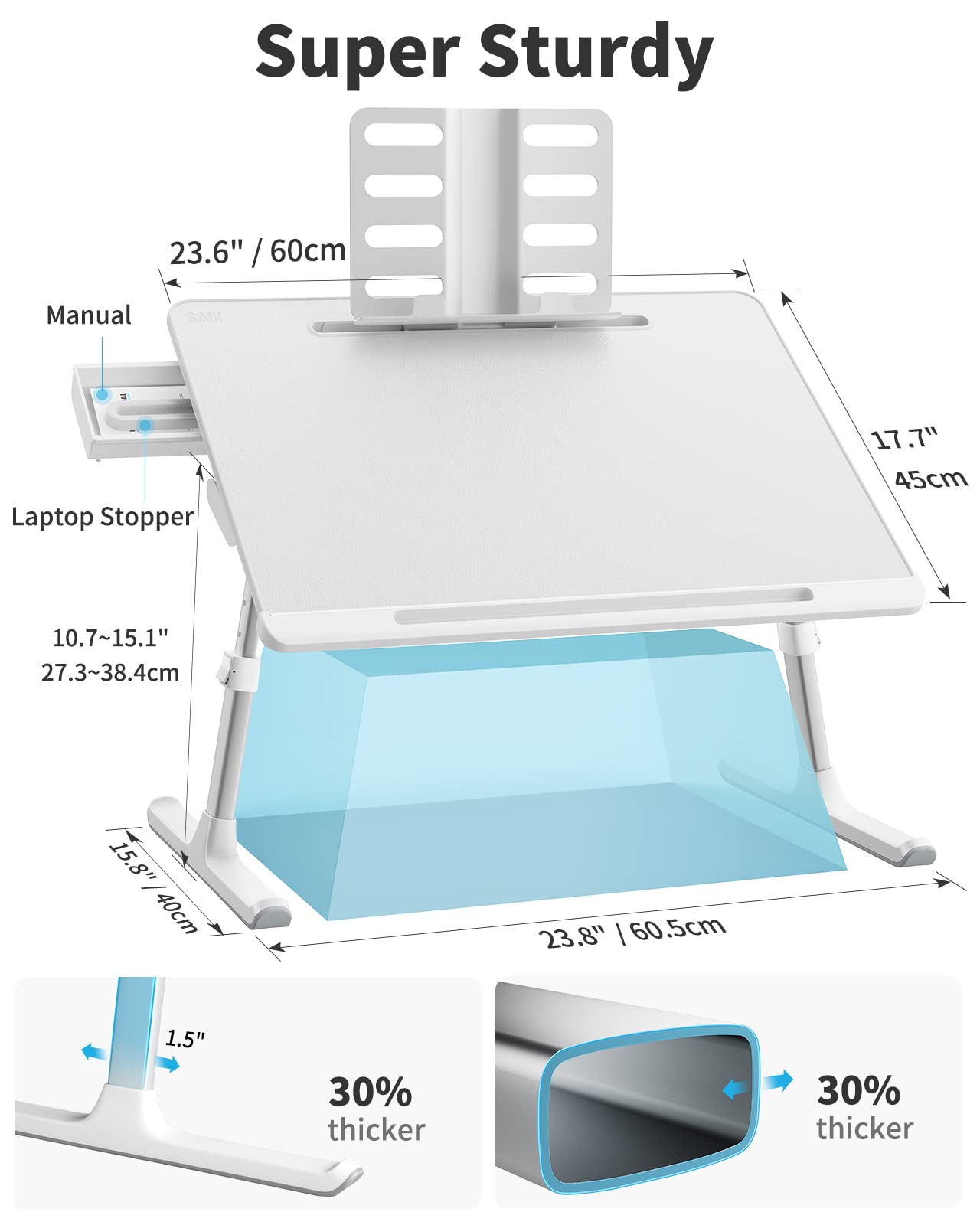 Laptop Bed Tray Table, SAIJI Adjustable Bed Desk for Laptop, Foldable Laptop Stand with Storage Drawer for Eating, Working, Writing, Gaming, Drawing (White, X-Large)
