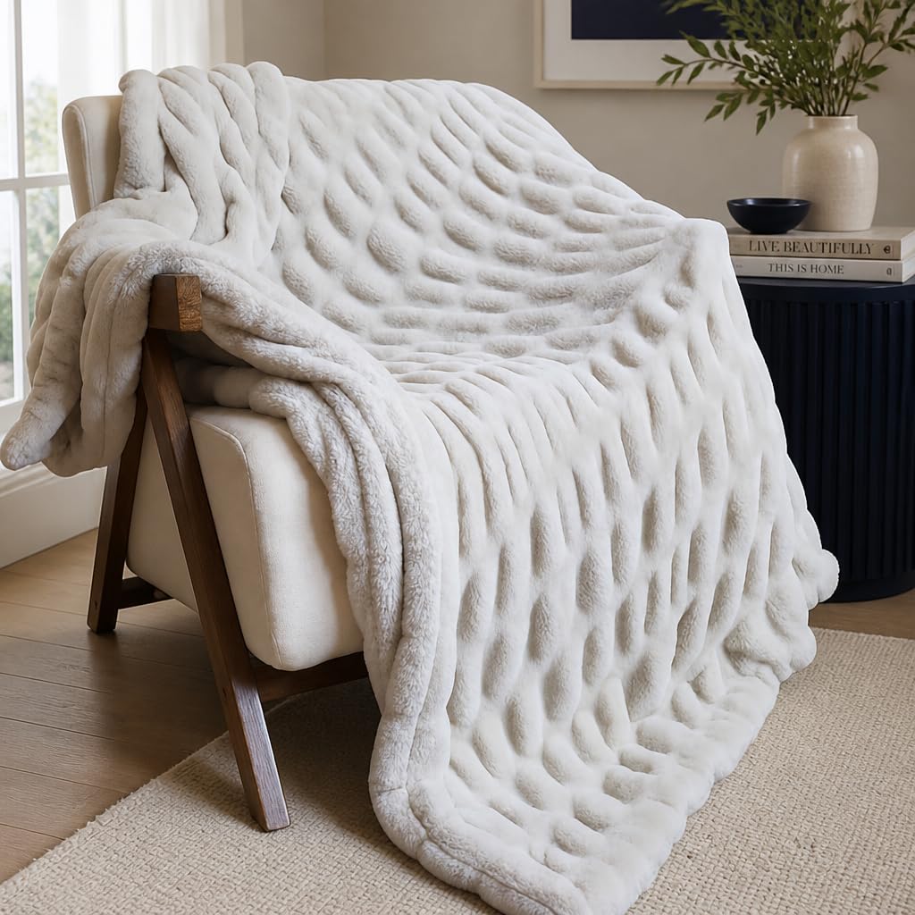 Raelee Luxury Faux Rabbit Fur Throw Blanket, Ultra Soft Double Sided Fluffy Plush Throw for Couch, Bed, Chair, Thick Warm Cozy Decorative Bubble Throw Blanket, Cream White, 50x60