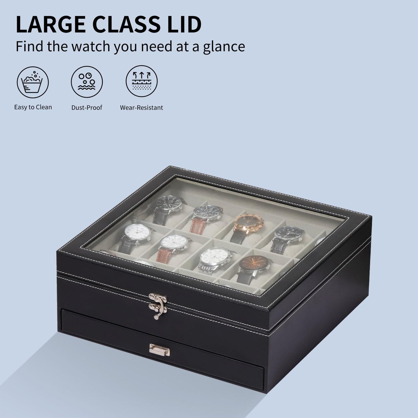 AUTOARK Premium 2-Layer Watch Box Organizer with Lock,Holds 15 Watches + Jewelry,Drawer for Rings Earrings Bracelets,Large Glass Lid,Soft PU Leather,Gift for Men Women,Black,MKAW-137
