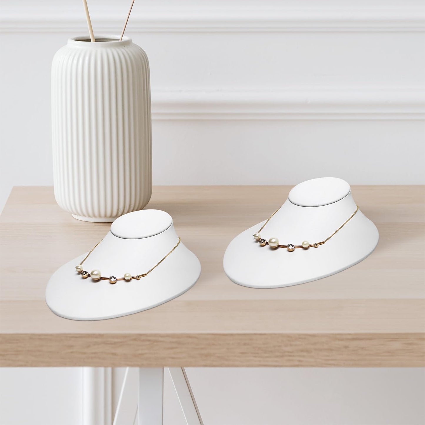 MOOCA Premium Faux Leather Necklace Lay Down Display Stands - Set of 2, Elegant Jewelry Holder, Stand, and Organizer for Necklaces, White Color