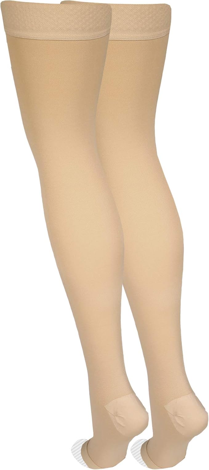 Amazon Basic Care Compression Stockings, 20-30 mmHg, Women & Men, Thigh Length | Open Toe | Beige | Large | Pack of 2