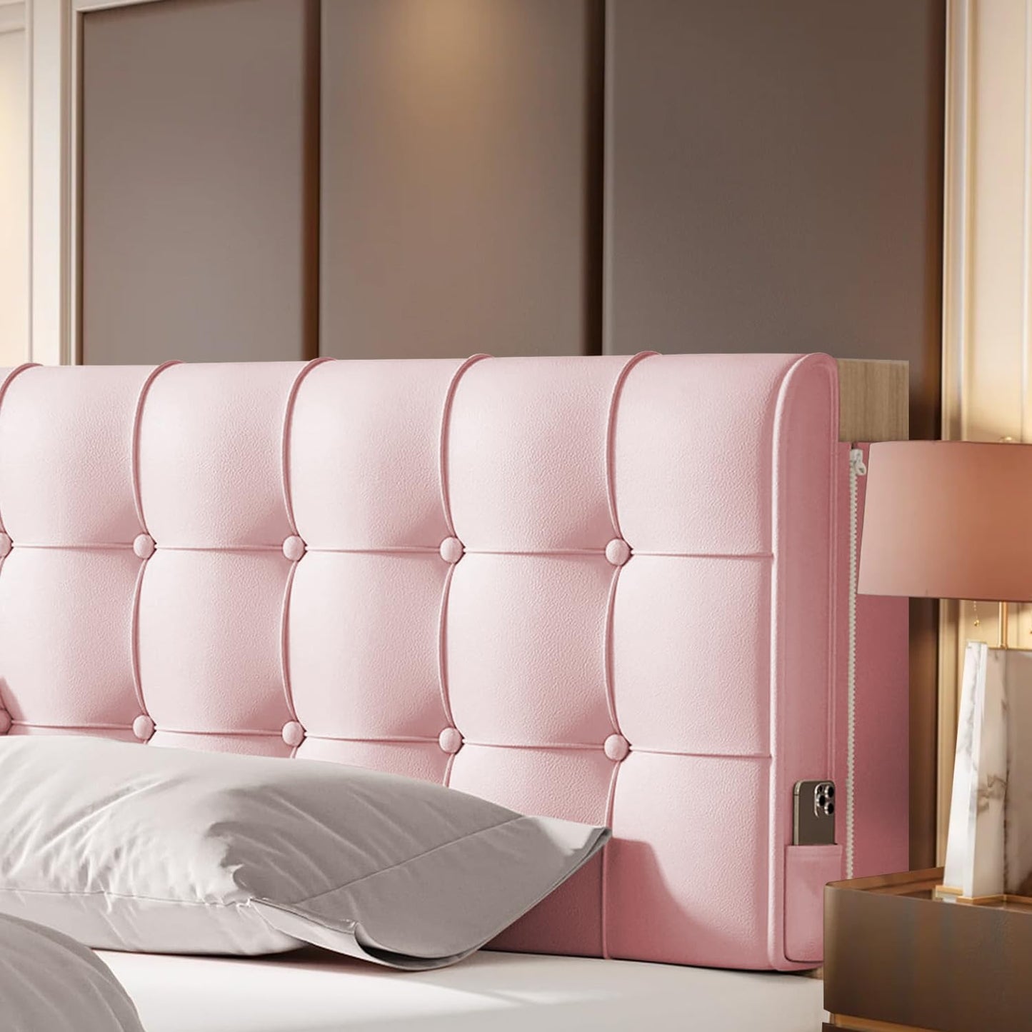 BCU Headboard Pillow Queen Size Upholstered Soft Tufted Headboard Backrest Pillow with Removable Cover for Adjustable Bed Back Support, Pink