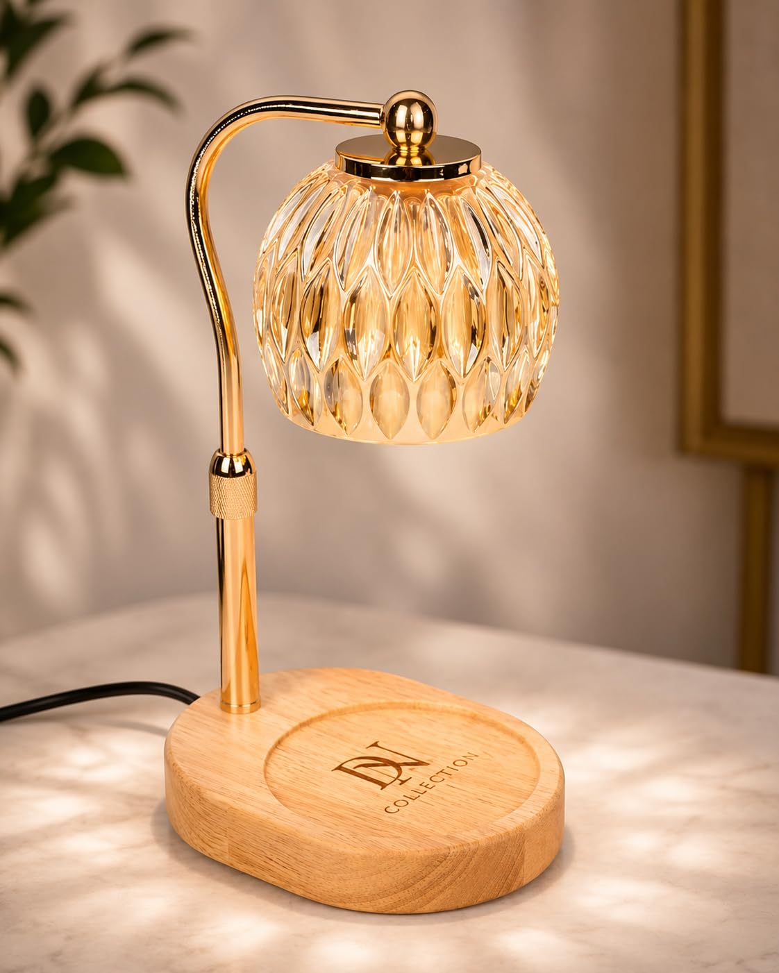 DN Collection Candle Warmer Lamp with Timer & Dimmer, Adjustable Height, Wax Melt Warmer for Jar Candles, Crystal Glass Shade, Wooden Base, Gold, Home Decor Gift