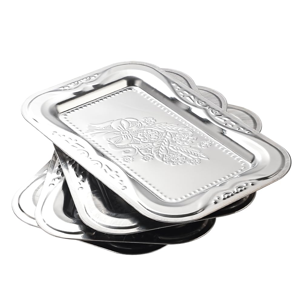 4-Pack Silver Serving Trays Set - ZENOVLUX Lightweight Bow Floral Engraved Mirror Decorative Tray, 13.8" x 8.7" Wedding Party Platters for BBQ, Food, Appetizer, Charcuterie, Cookies, Desserts